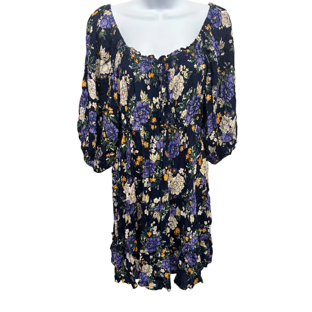 Nostalgia Floral Tiered Mini Dress Navy Purple Boho Smocked Plus 1X